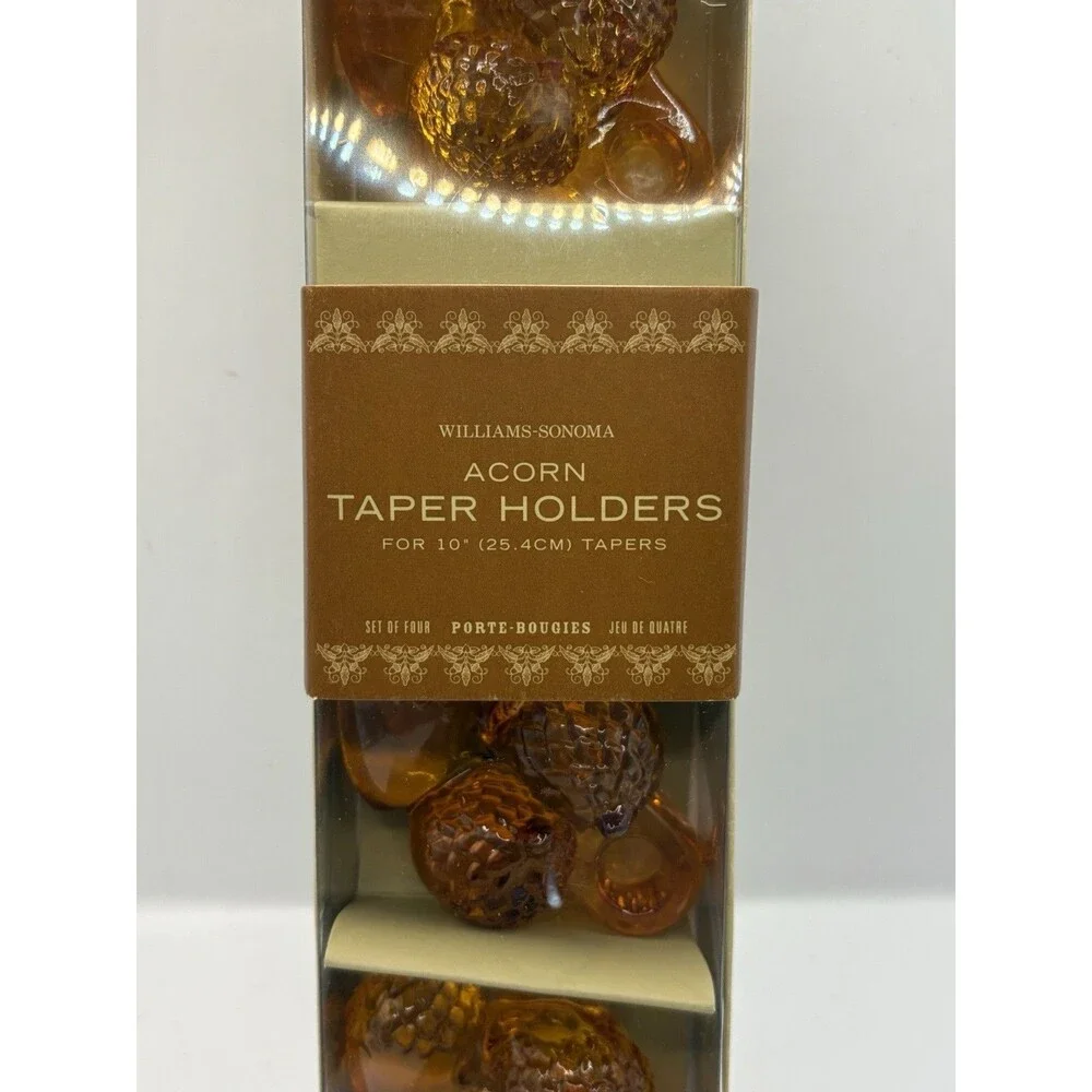 Williams Sonoma Candle Holders Amber Glass Acorn 10 Inch Narrow Tapers (4) NIB